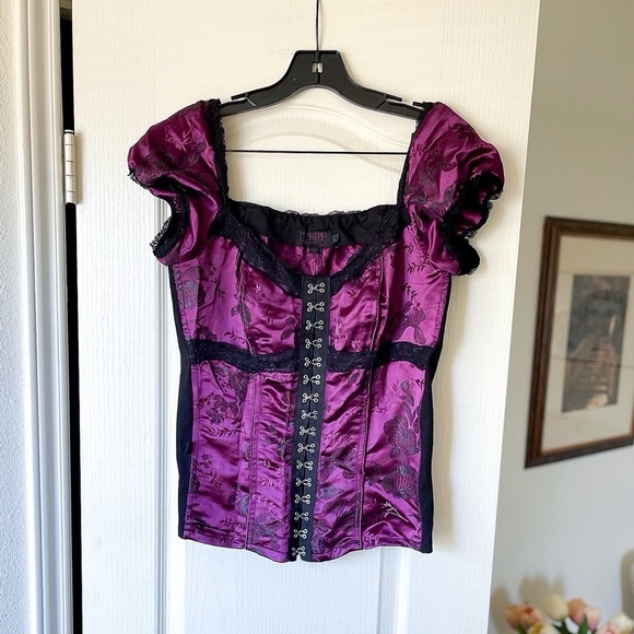 Tripp NYC Vintage Corset Top Purple Brocade Satin Lace Goth Punk Size Large EUC